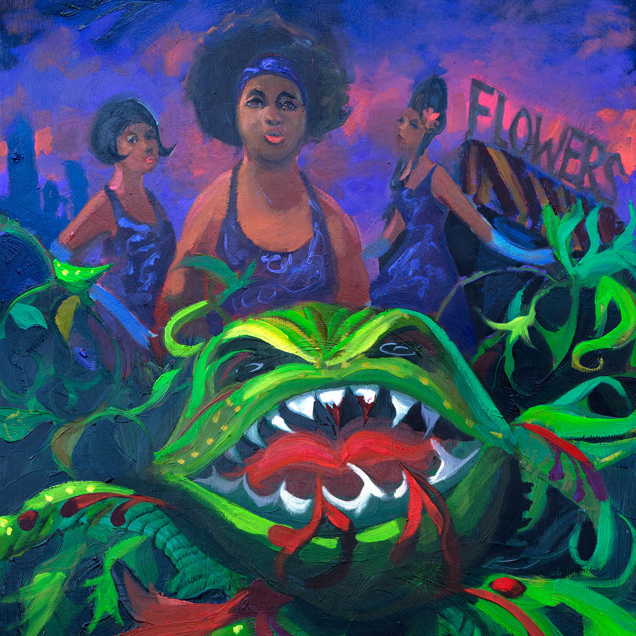 A painting of a monstrous plant in front of three ladies dressed in purple next to a flower shop.