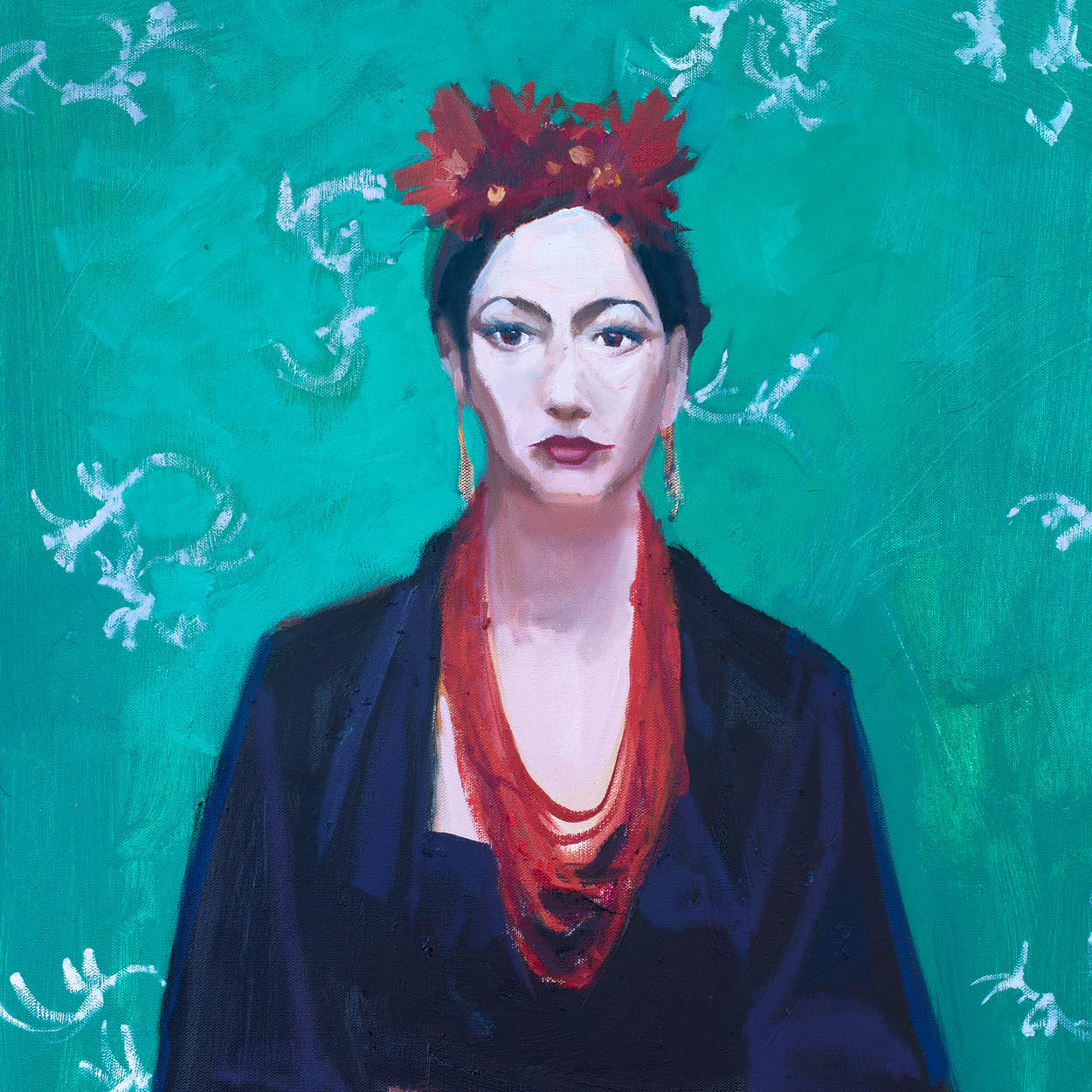 A painting of Frida in front of a blue background wearing a red necklace and flowers in her hair.