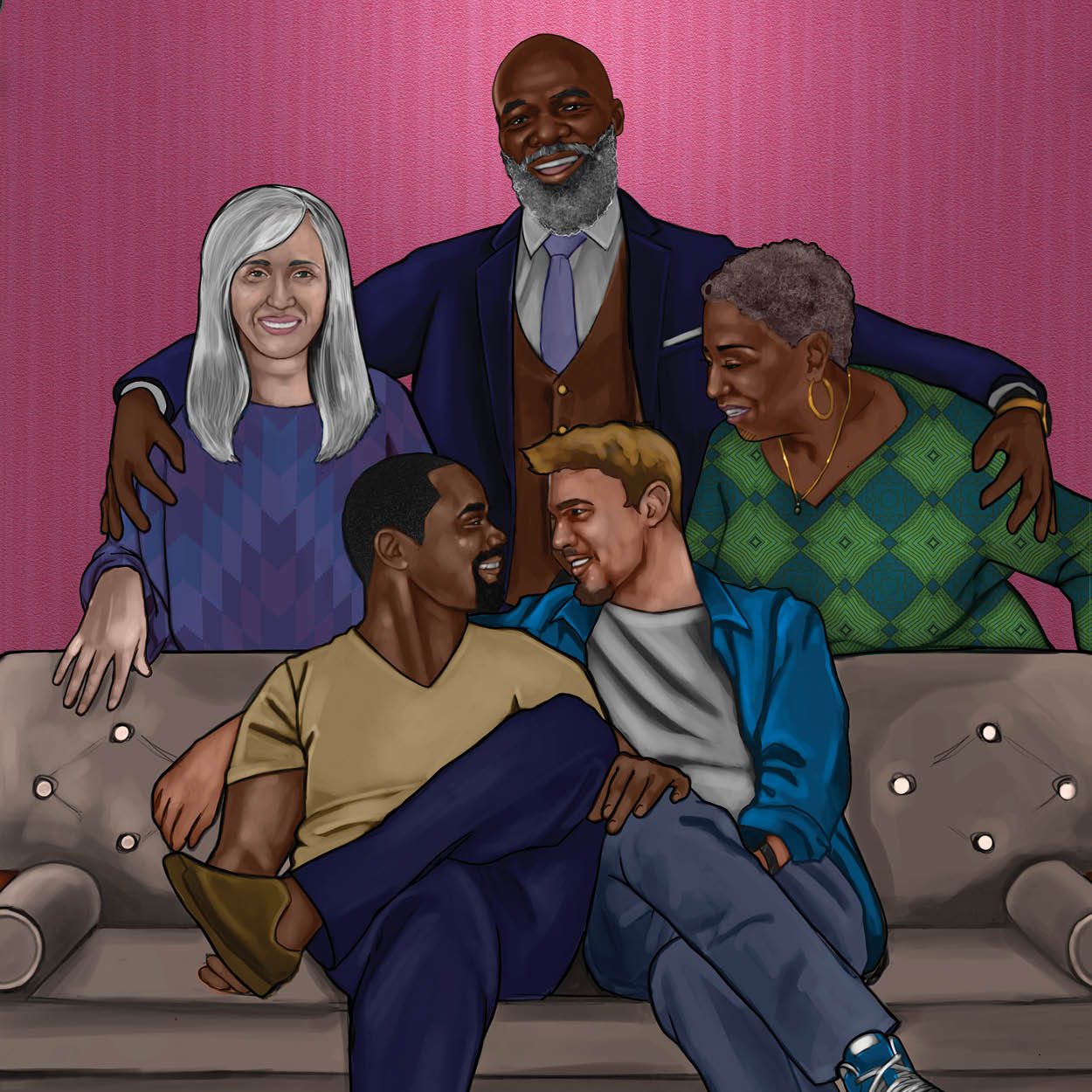 A painting of the Folks at Home. Two men sitting smiling on the couch with three hugging adults standing behind.