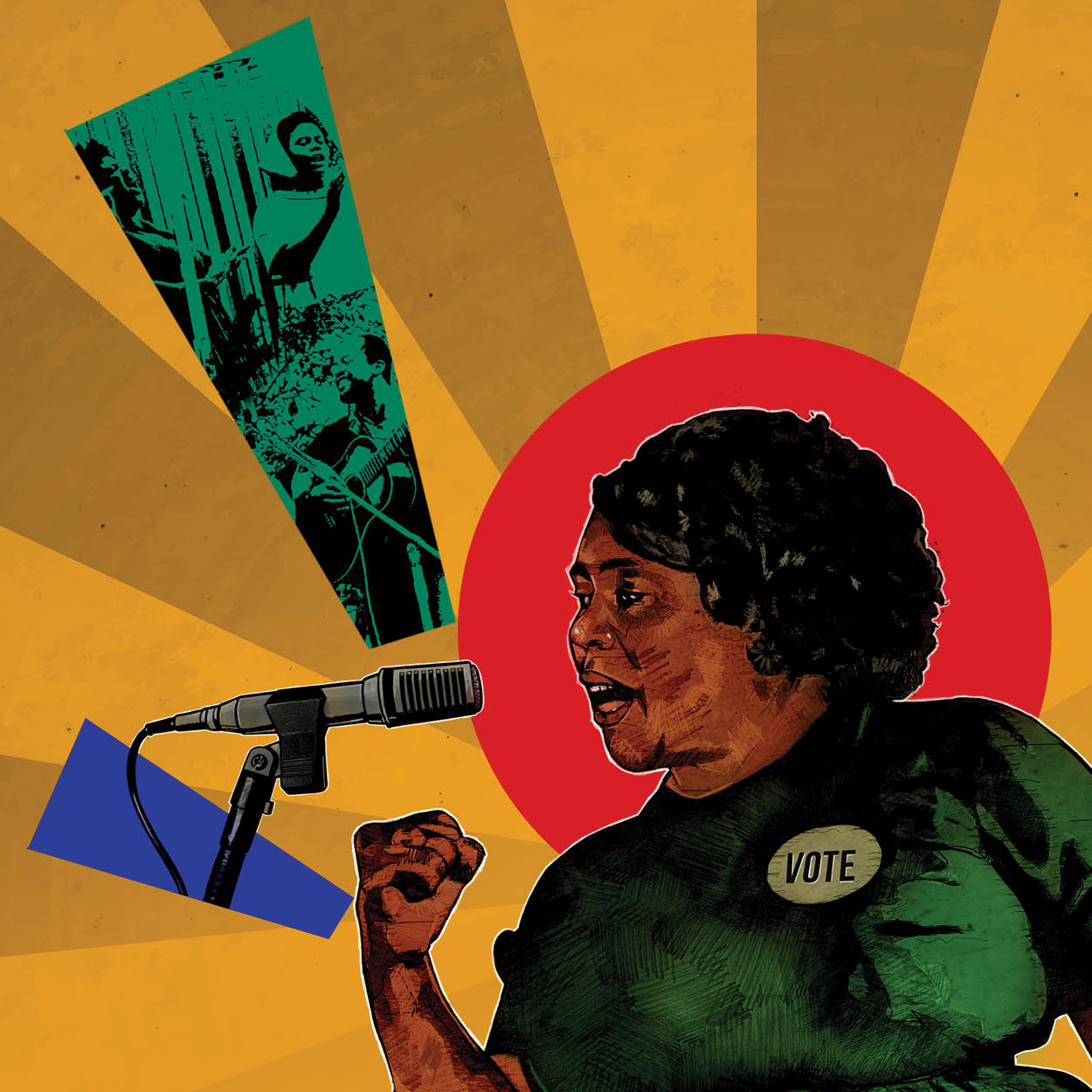 A bright painting depicting Fanny speaking into a microphone with abstract shapes in the background.