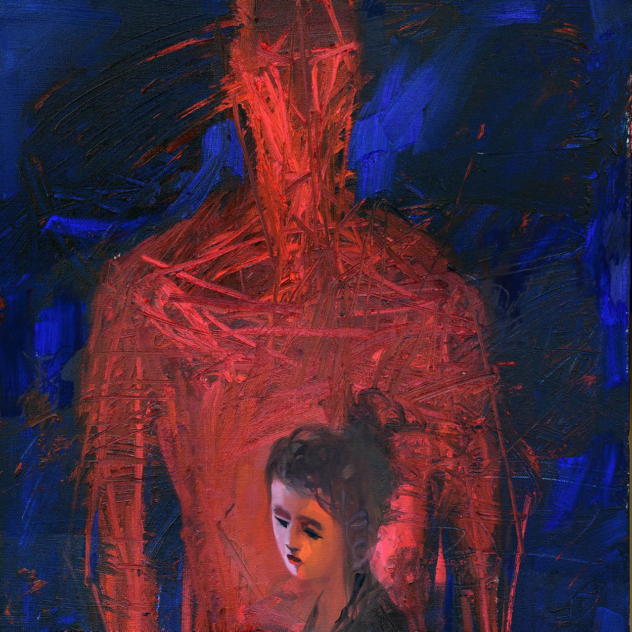 A painting of a young girl with a shadowy, tall, red figure standing behind her.