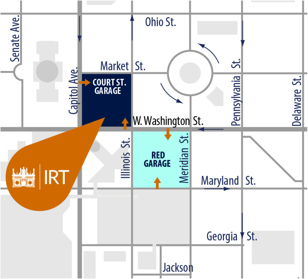 Map of downtown Indy and where to park when coming to the IRT